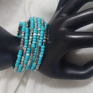Turquoise and Silver Colored Beaded Expansion Wrap around Bracelet